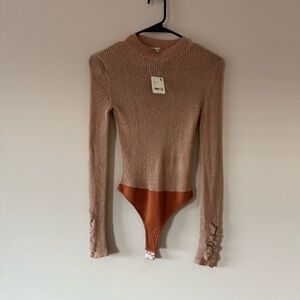 Free People Tan and Brown Long Sleeve Bodysuit
